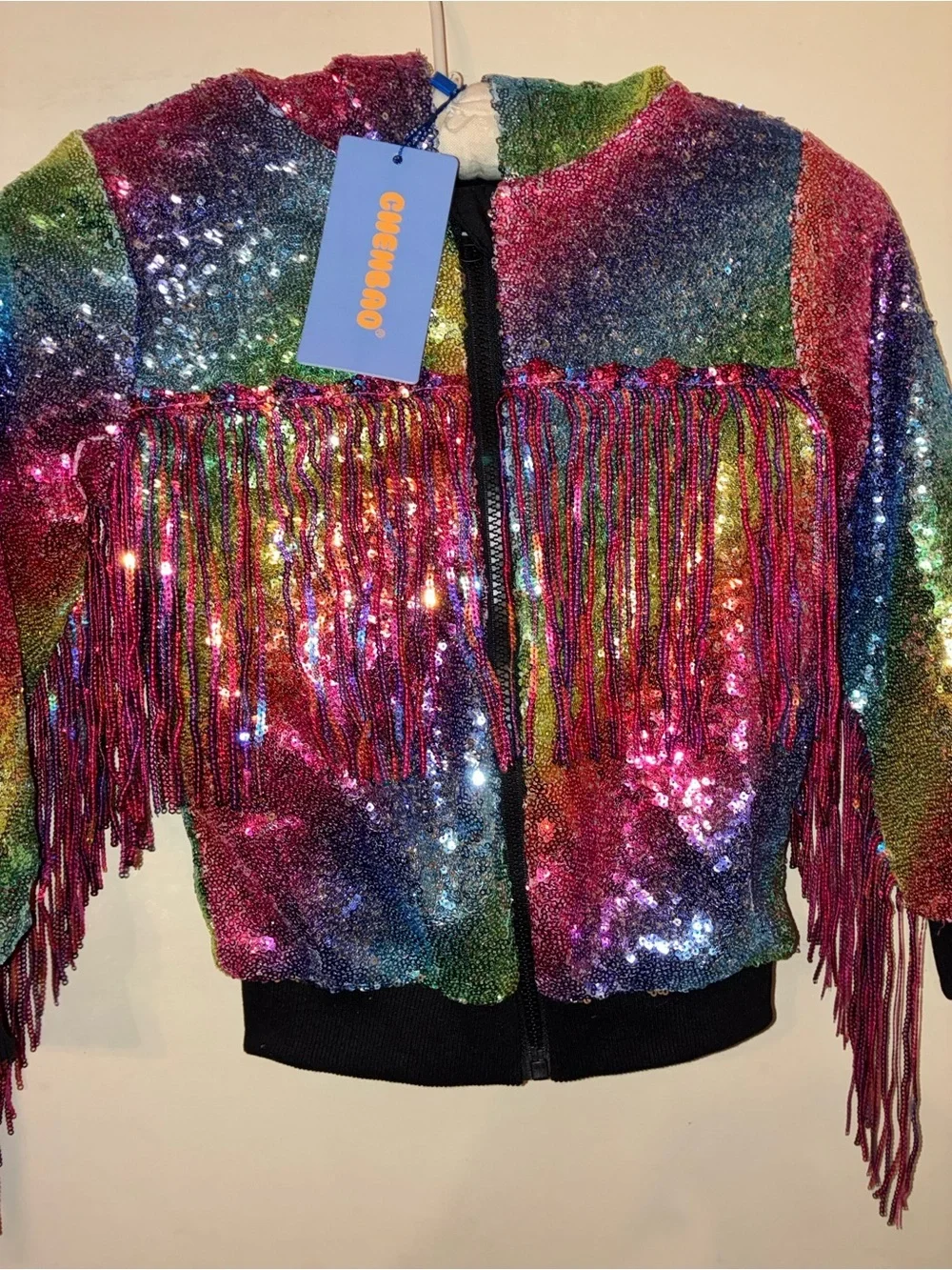 NWT Rainbow Sequin Fringe Bomber Jacket Girls Medium | Y2K| performance wear